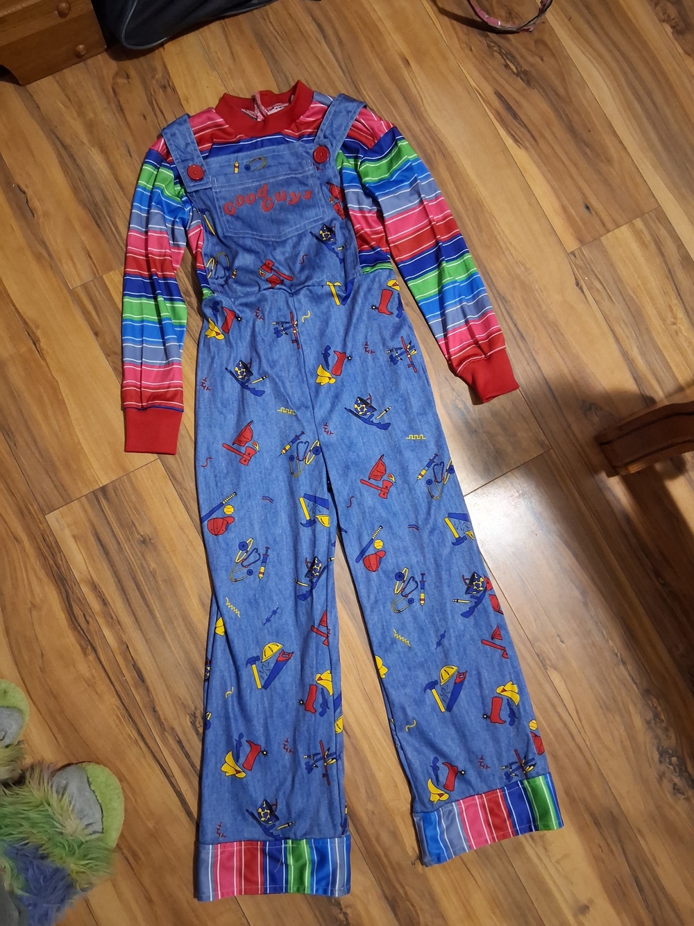Kids Chucky Blue Striped Overalls Halloween Costume with Red Stripe Shirt Sz XsM